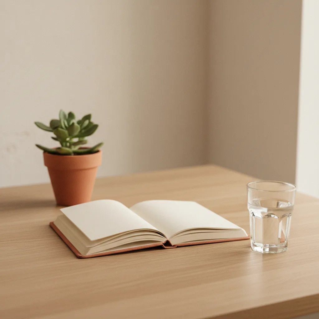 A calm tidy workspace with a notebook, a small green plant and a glass of water on a light wooden desk