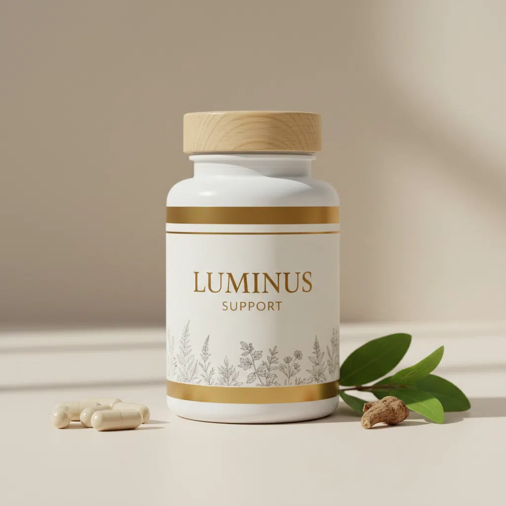 Luminus Support supplement jar with botanical ingredients on a warm stone surface